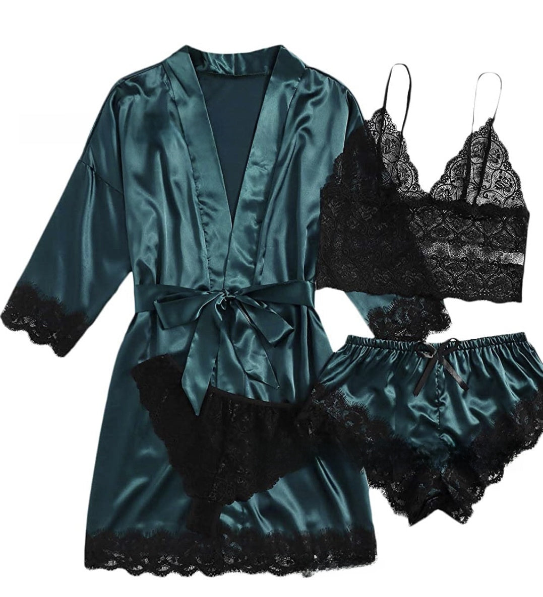 4-piece set of lace satin strappy pajamas