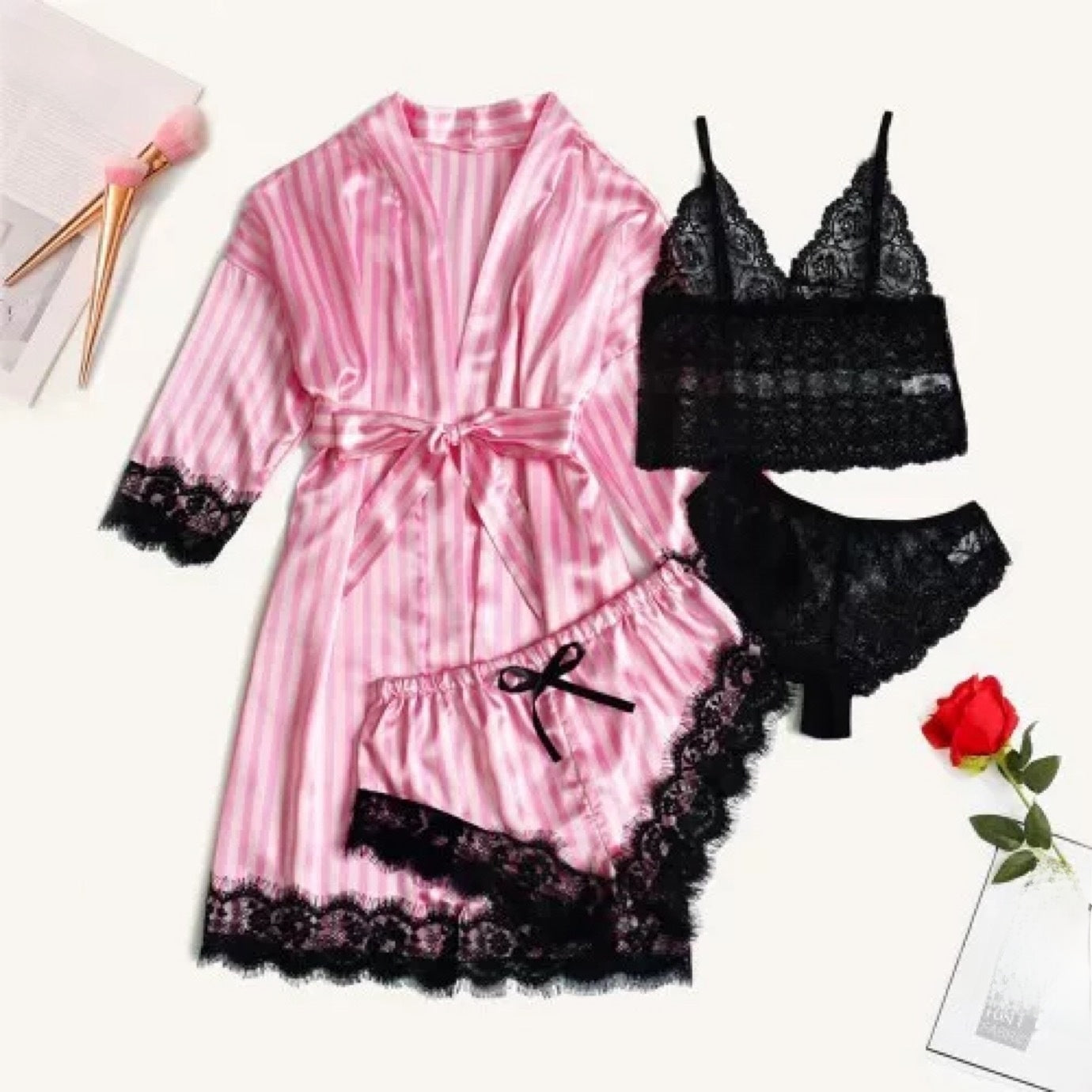 4-piece set of lace satin strappy pajamas