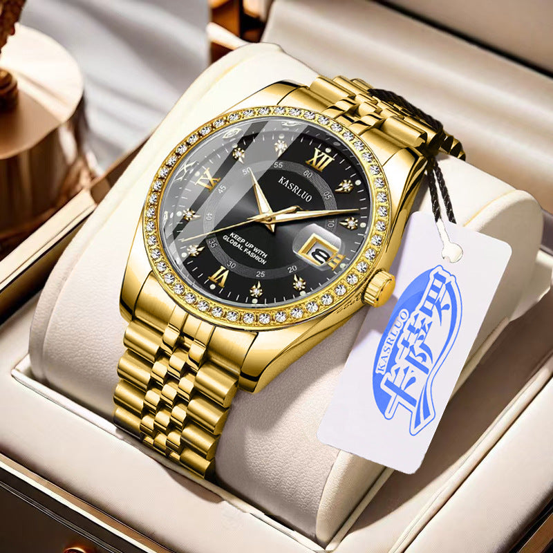 Roman Numerals Diamond Calendar Steel Band Watch