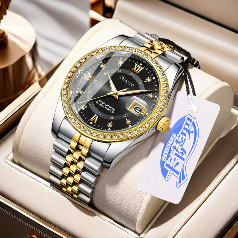 Roman Numerals Diamond Calendar Steel Band Watch