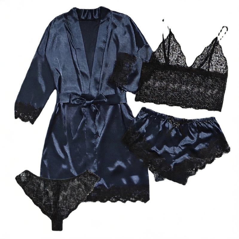 4-piece set of lace satin strappy pajamas