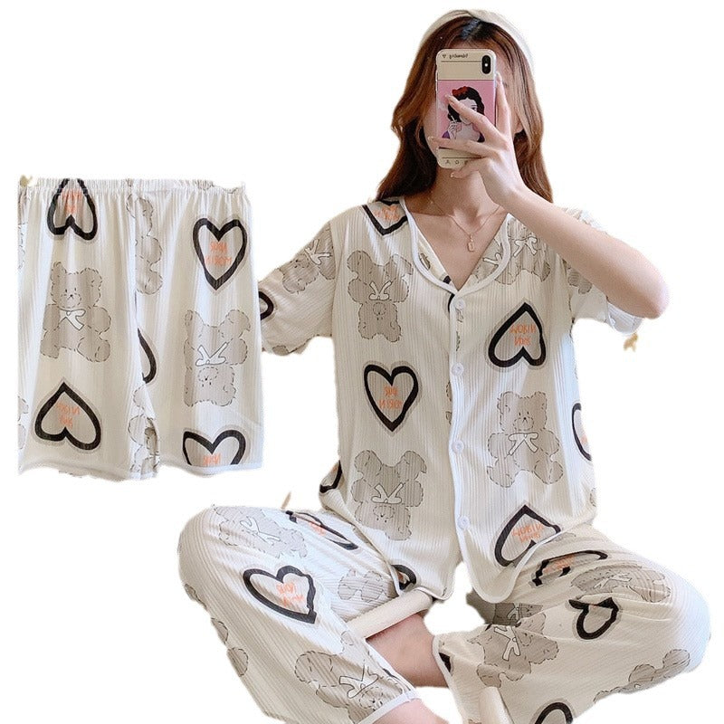 Short-sleeved pajama women's three-piece set