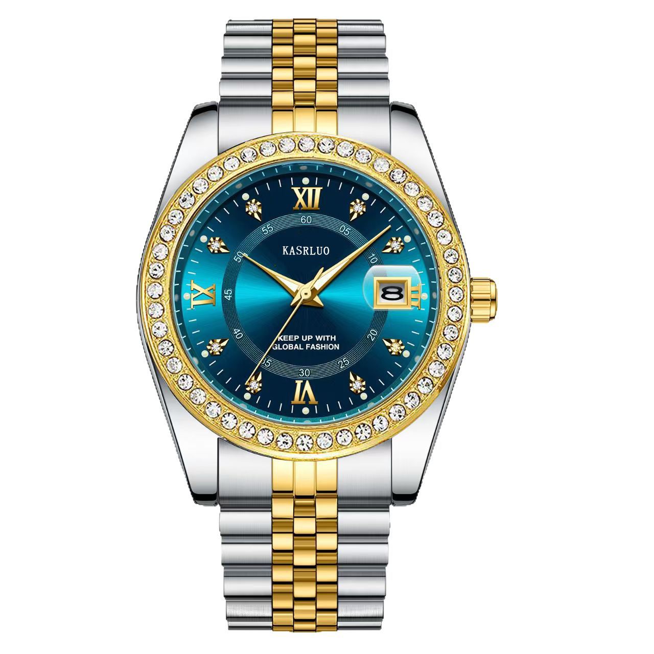 Roman Numerals Diamond Calendar Steel Band Watch