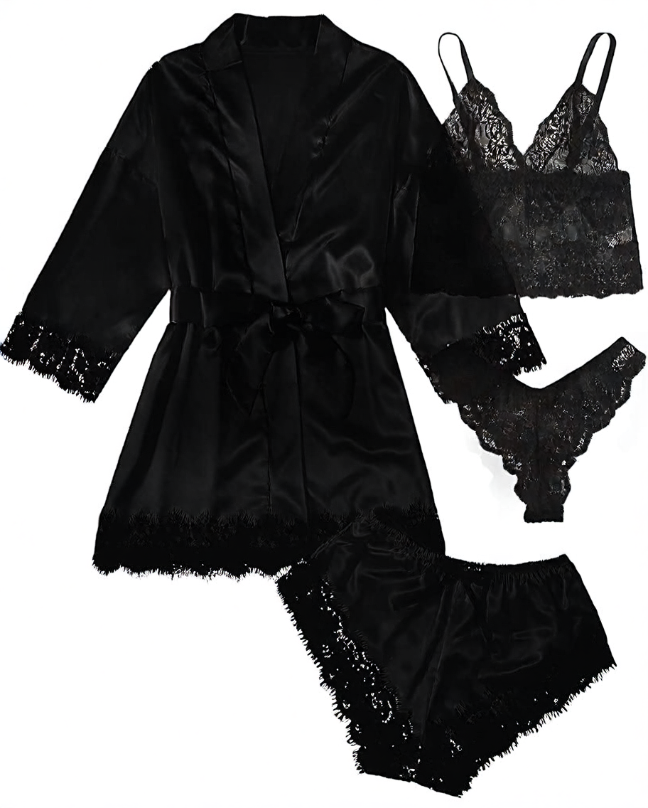 4-piece set of lace satin strappy pajamas
