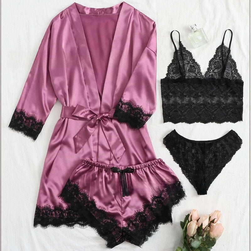 4-piece set of lace satin strappy pajamas