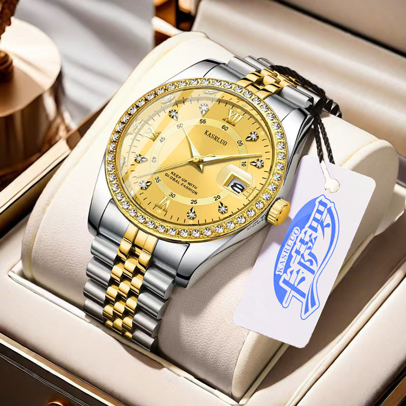Roman Numerals Diamond Calendar Steel Band Watch