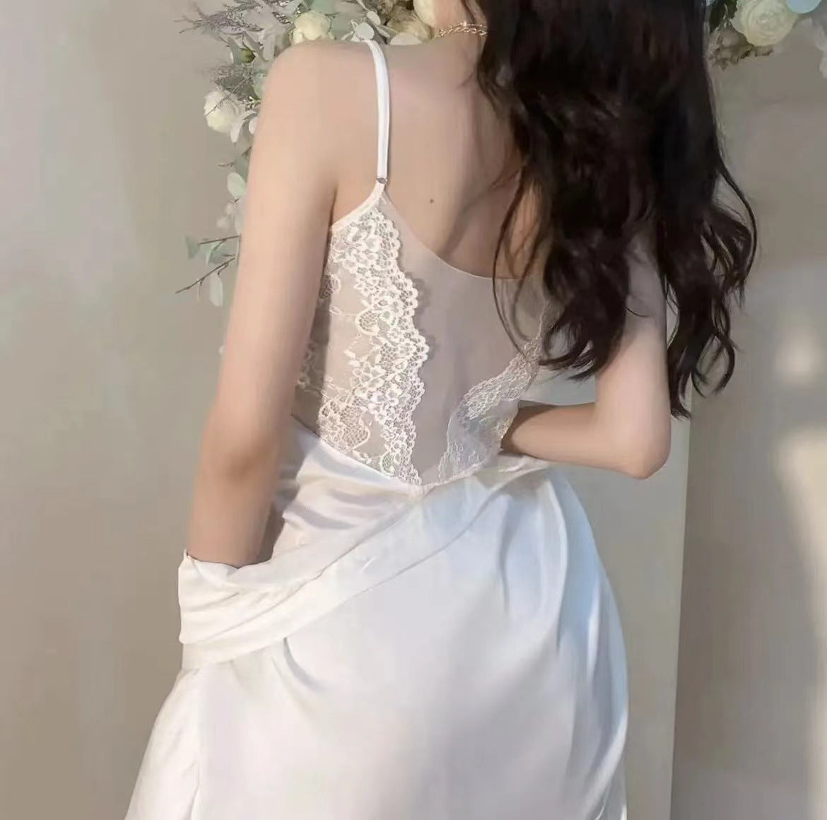 Lace mesh ice silk halter pajamas
