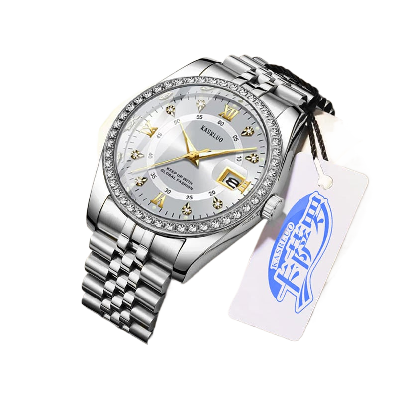 Roman Numerals Diamond Calendar Steel Band Watch