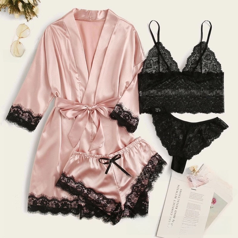 4-piece set of lace satin strappy pajamas