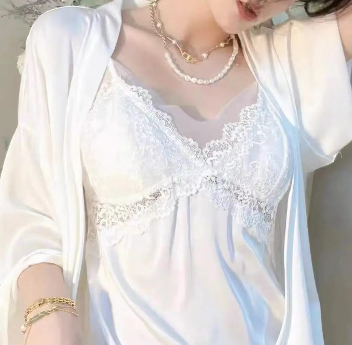 Lace mesh ice silk halter pajamas