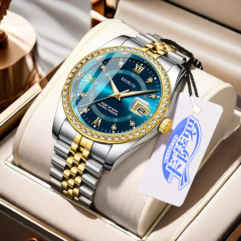 Roman Numerals Diamond Calendar Steel Band Watch