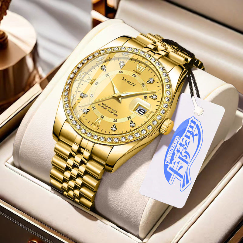 Roman Numerals Diamond Calendar Steel Band Watch