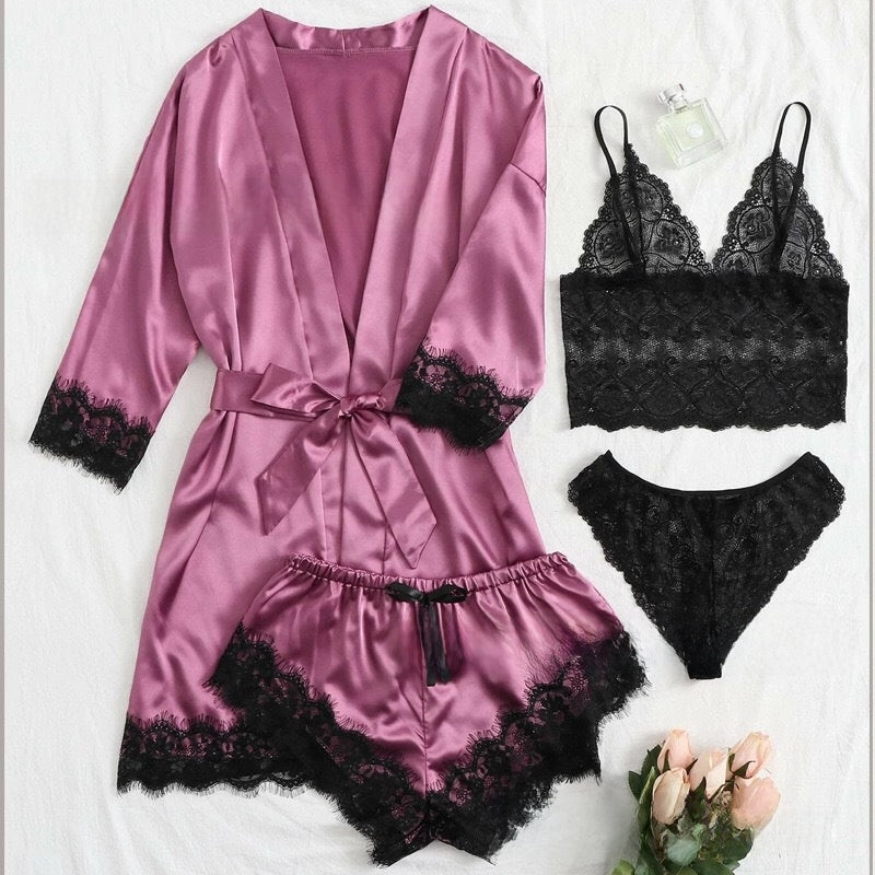 4-piece set of lace satin strappy pajamas
