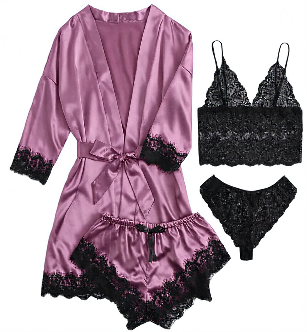 4-piece set of lace satin strappy pajamas