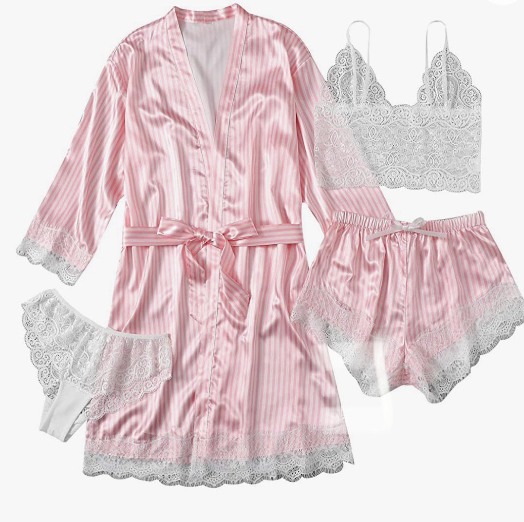 4-piece set of lace satin strappy pajamas