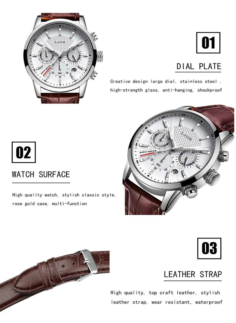 LIGE 2025 Watch Men Fashion Sports Quartz Clocks Mens Watches Top Brand Leather Military Waterproof Date Watch Relogio Masculino