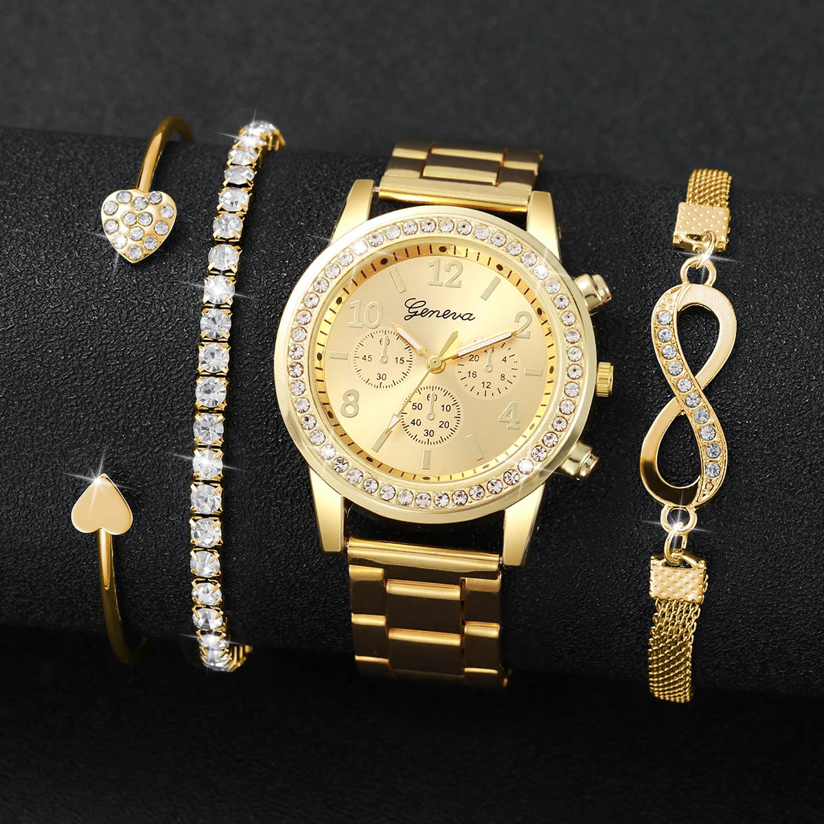 4PCS/Set Fashion Rhinestone Women Watches Luxury Steel Band Ladies Quartz Watch Bracelets Set Reloj Mujer(Without Box)