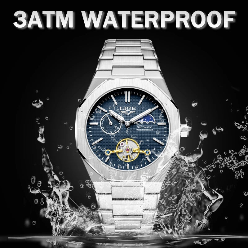 LIGE 2025 New Mechanical Watches Men Fashion Luxury Automatic Mens Watch Waterproof Luminous Tourbillon Wristwatch Reloj Hombre