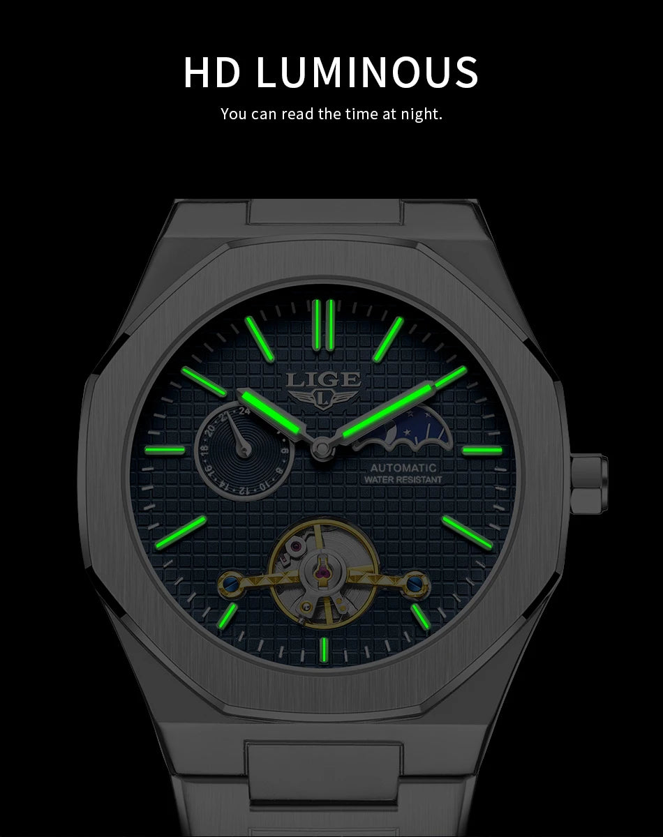 LIGE 2025 New Mechanical Watches Men Fashion Luxury Automatic Mens Watch Waterproof Luminous Tourbillon Wristwatch Reloj Hombre