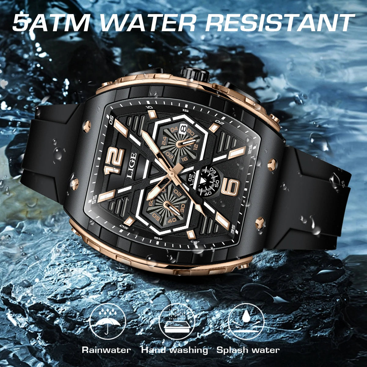 LIGE Men Watch Fashion Luxury Waterproof Quartz Wristwatch Luminous Casual Sports Silicone Strap Clock Auto Date Man Watches+Box