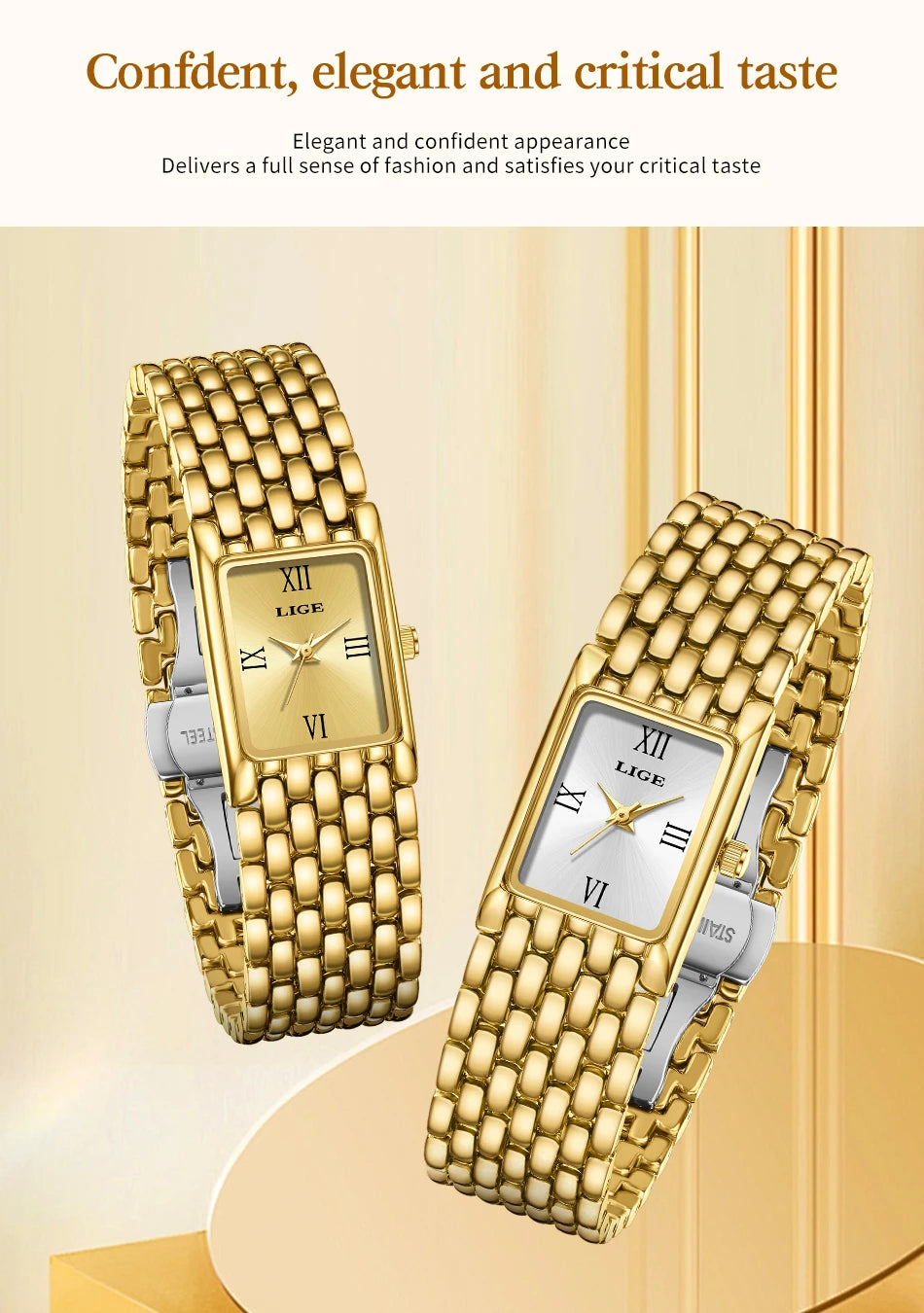 LIGE 2025 New Gold Women's Watch Luxury Quartz Watch Stainless Steel Bracelet Retro Fashion 30M Waterproof Watch for Women reloj