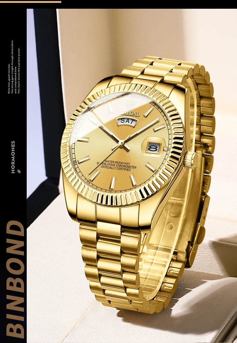 BINBOND Mens Quartz Watch Top Brand Sports Quartz Mens Watches Stainless Steel Waterproof Date Week Wristwatch Men Relogio
