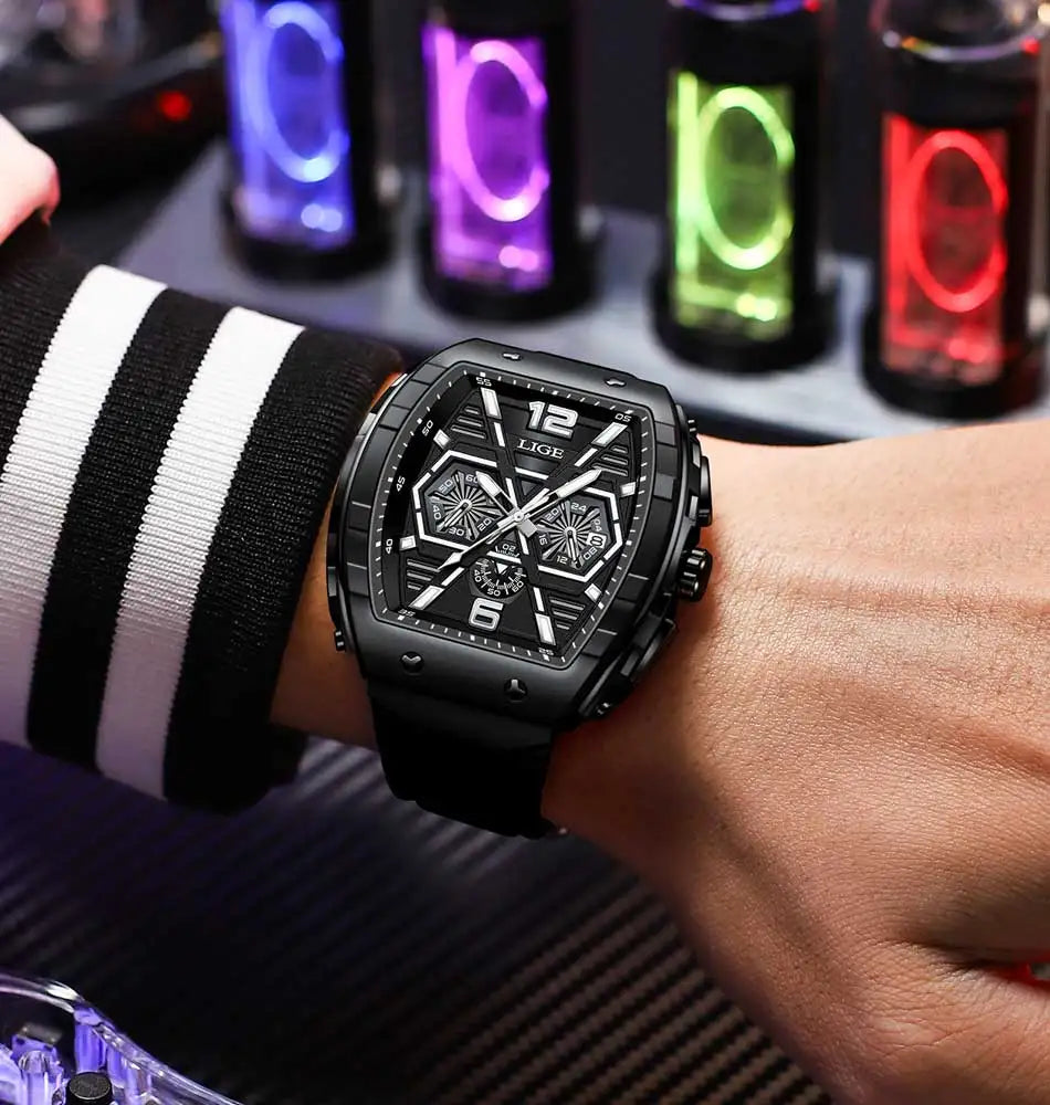 LIGE Men Watch Fashion Luxury Waterproof Quartz Wristwatch Luminous Casual Sports Silicone Strap Clock Auto Date Man Watches+Box