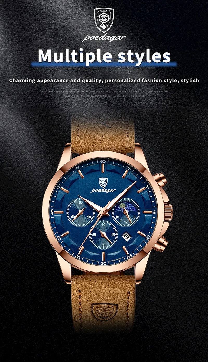 POEDAGAR Genuine Leather Men's Watch Fashion Luminous Calendar Stopwatch Male Clock Waterproof Moon Phase Quartz Wristwatch Man