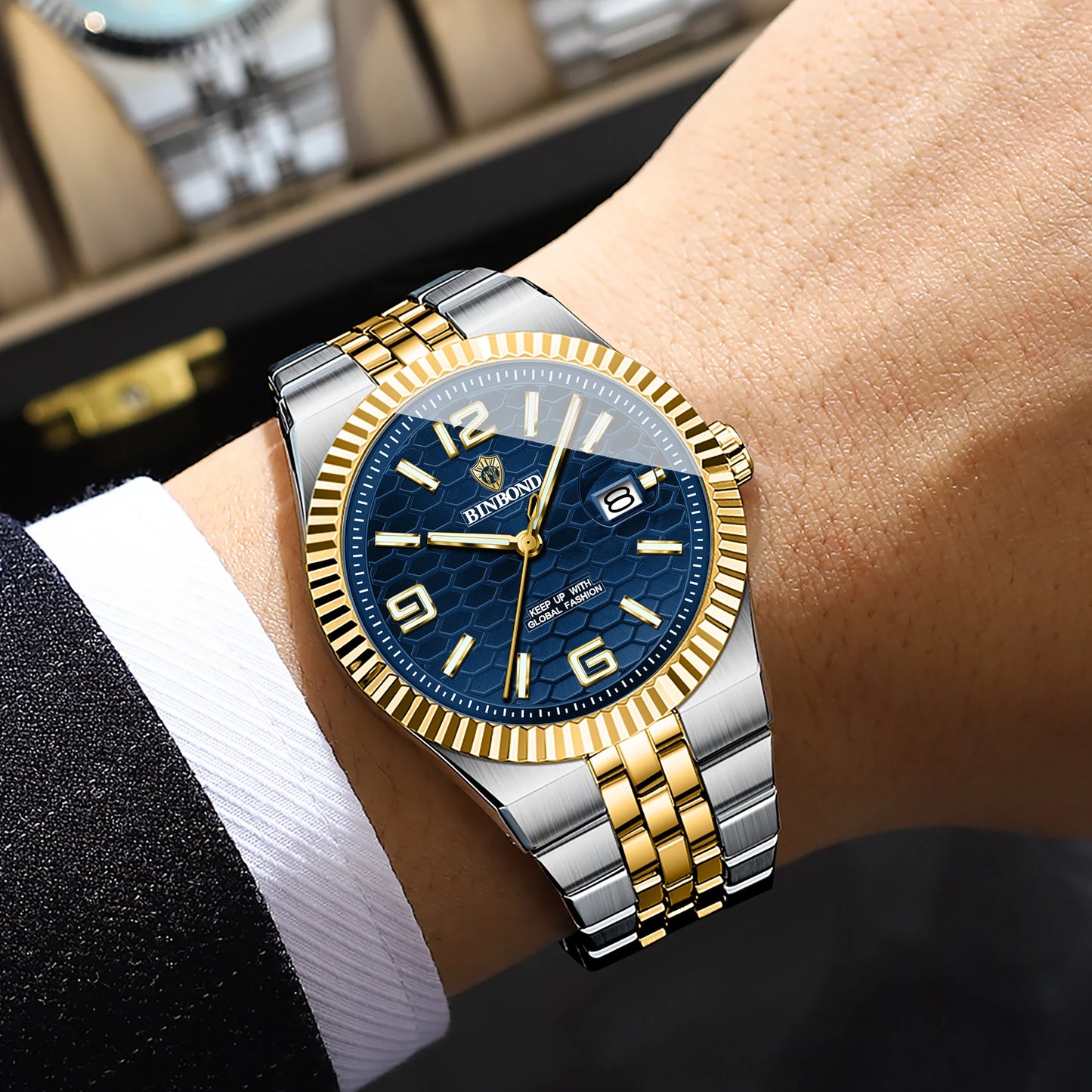 BINBOND Top Brand Luxury Men Quartz Watches Original Watch for Man Waterproof Luminous Date Week Stainless Steel Wristwatch Male