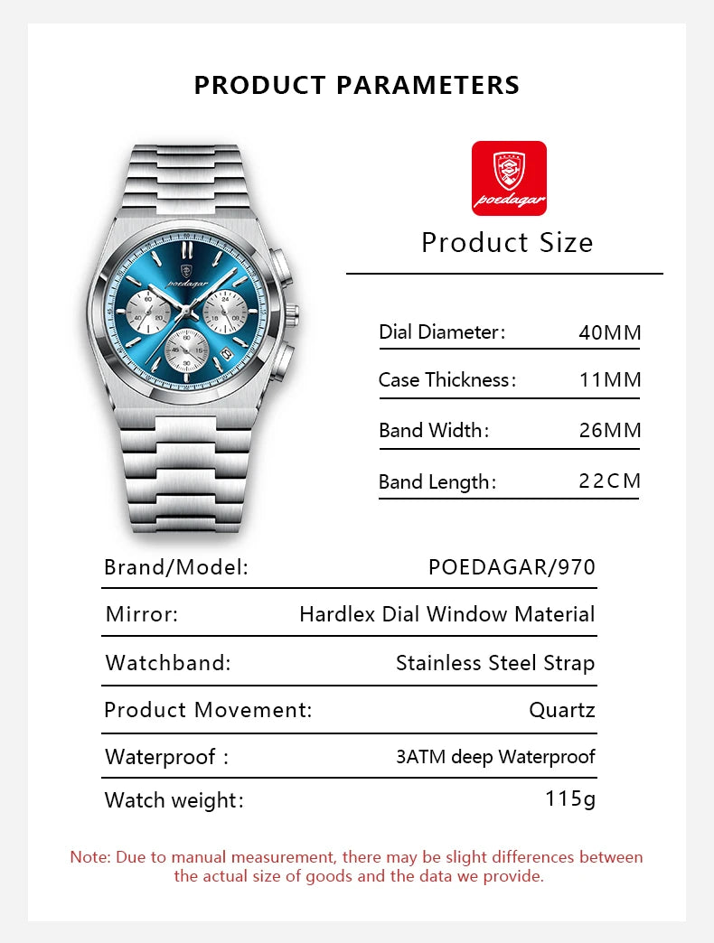POEDAGAR Luxury Man Quartz Watch Waterproof Luminous Date Chronograph Watches For Men Stainless Steel Fashion Men's Watch Reloj