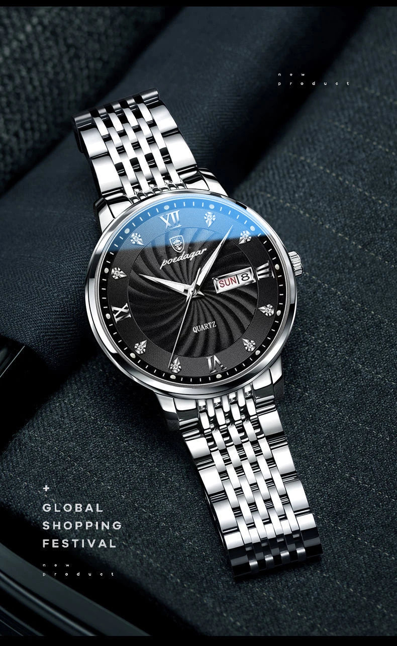 POEDAGAR Luxury Brand Man Watch Waterproof Luminous Date Week Men's Quartz Wristwatch Stainless Steel Fashion Sports Men Watches