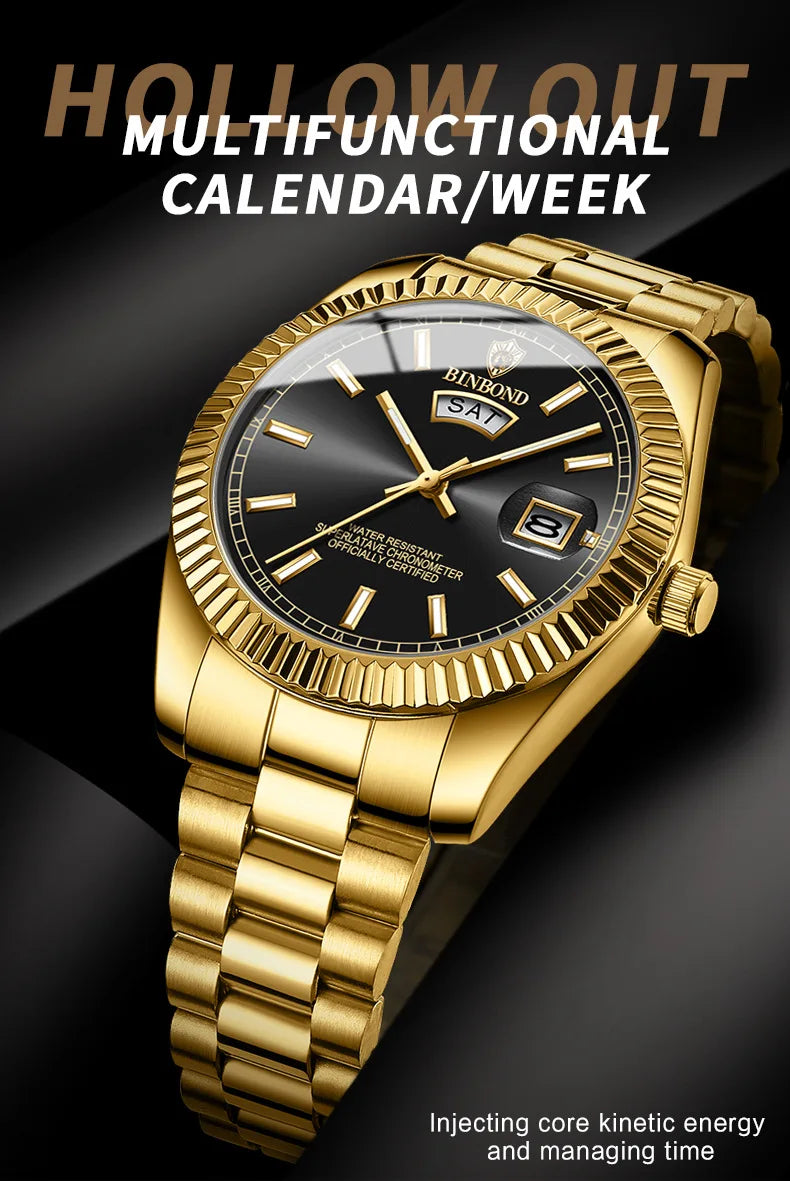 BINBOND Mens Quartz Watch Top Brand Sports Quartz Mens Watches Stainless Steel Waterproof Date Week Wristwatch Men Relogio