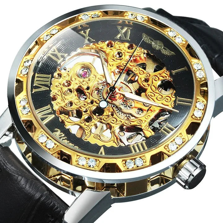 Fashion Top Brand Winner Mechanical Watch For Women Luxury Watches Diamond Skeleton Dial Leather Strap Unisex Size Wristwatches