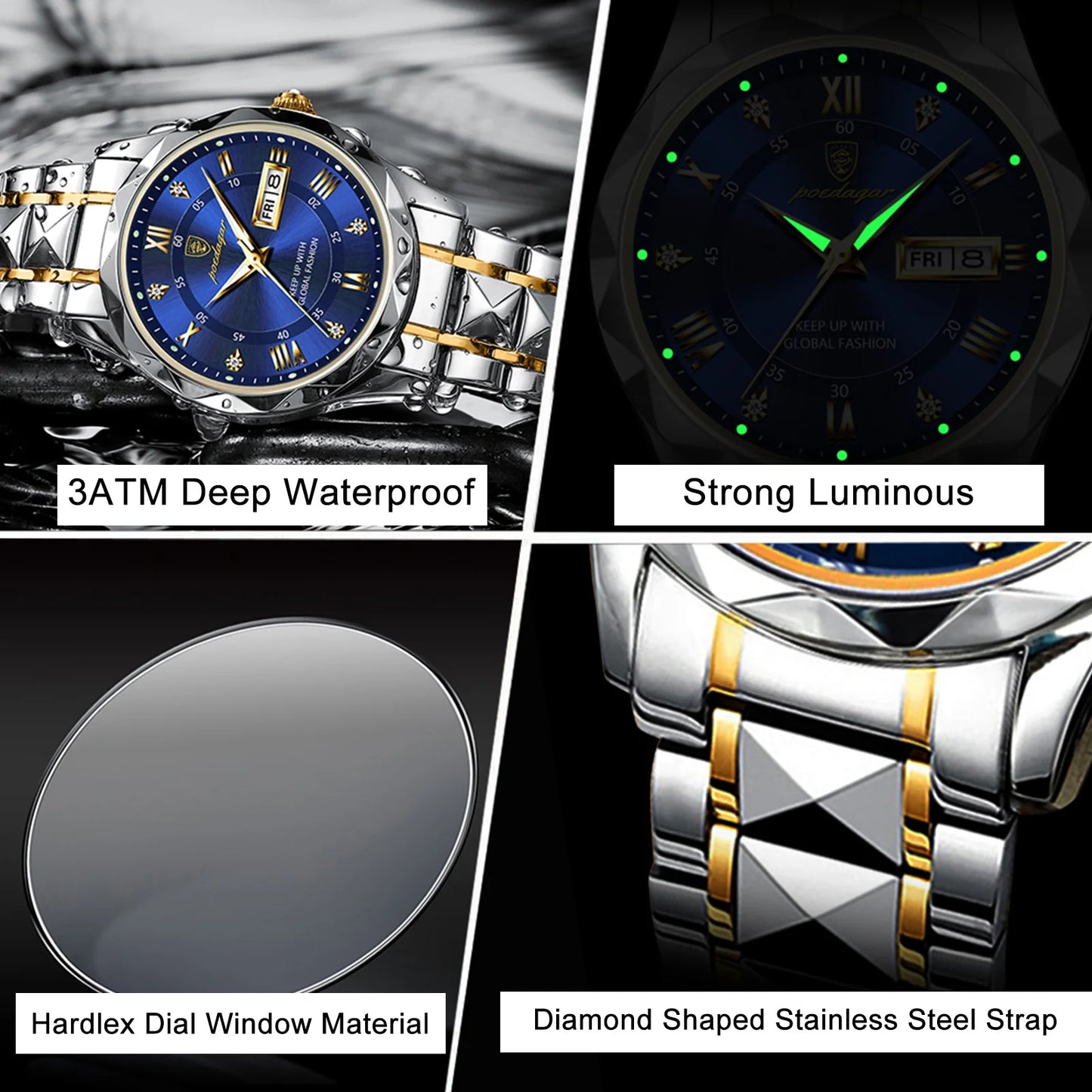 POEDAGAR Top Brand Luxury Men's Watches Waterproof Luminous Calendar Week Watch For Man Casual Stainless Steel Quartz Men Watch