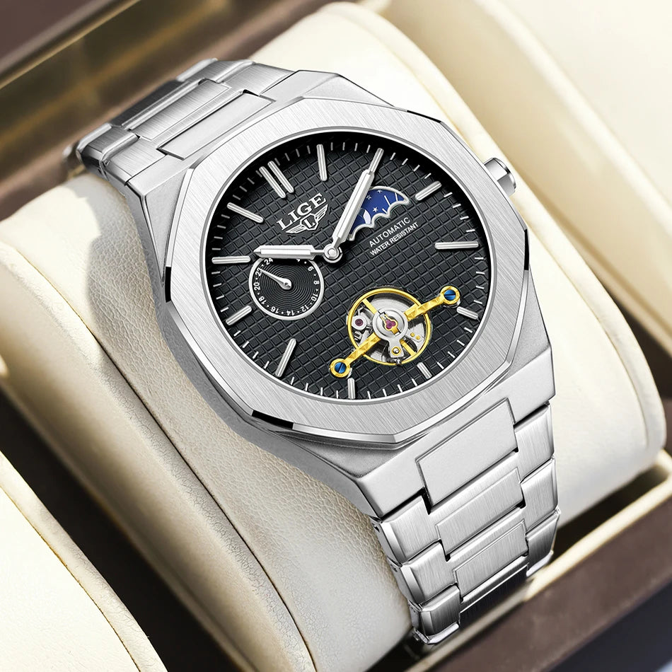 LIGE 2025 New Mechanical Watches Men Fashion Luxury Automatic Mens Watch Waterproof Luminous Tourbillon Wristwatch Reloj Hombre