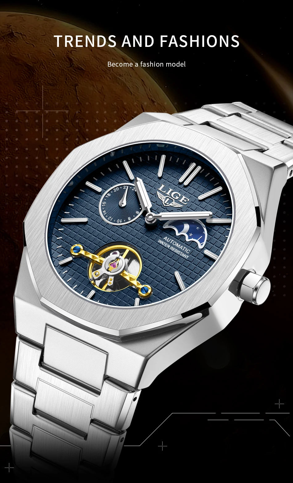 LIGE 2025 New Mechanical Watches Men Fashion Luxury Automatic Mens Watch Waterproof Luminous Tourbillon Wristwatch Reloj Hombre
