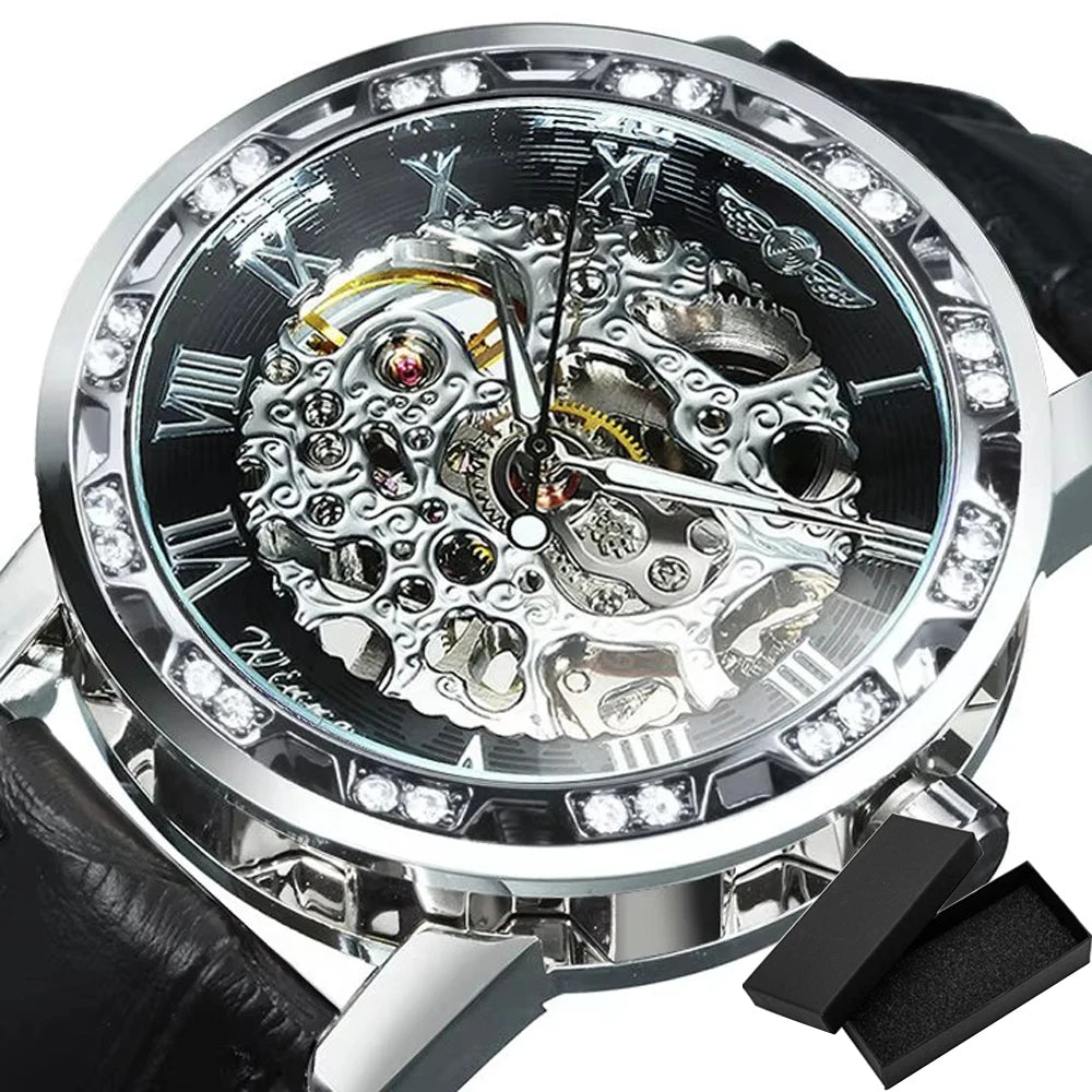 Fashion Top Brand Winner Mechanical Watch For Women Luxury Watches Diamond Skeleton Dial Leather Strap Unisex Size Wristwatches