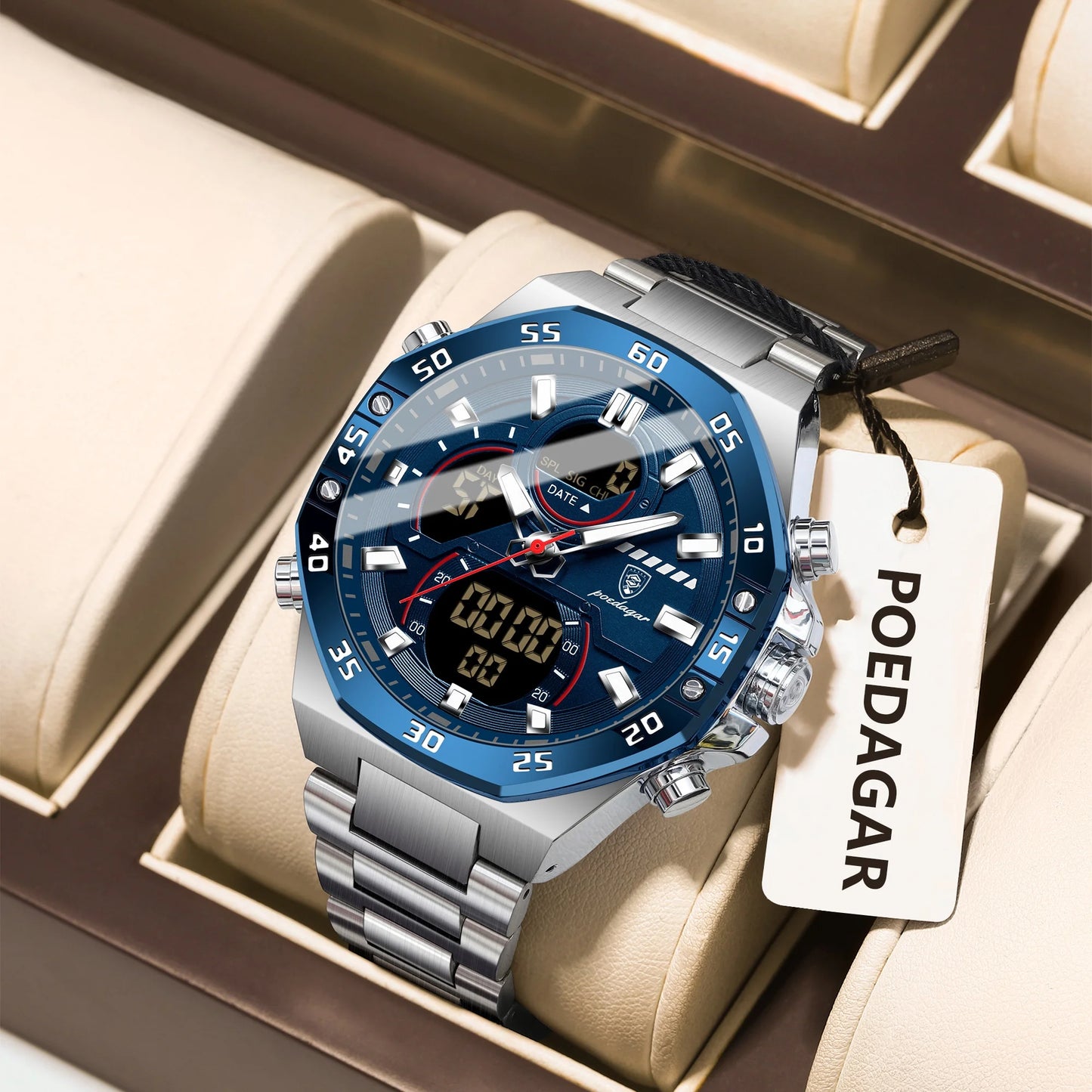 POEDAGAR Original Sports Men Wristwatch Week Date Waterproof LED Quartz Man Watch Stainless Steel Military Digital Men's Watches
