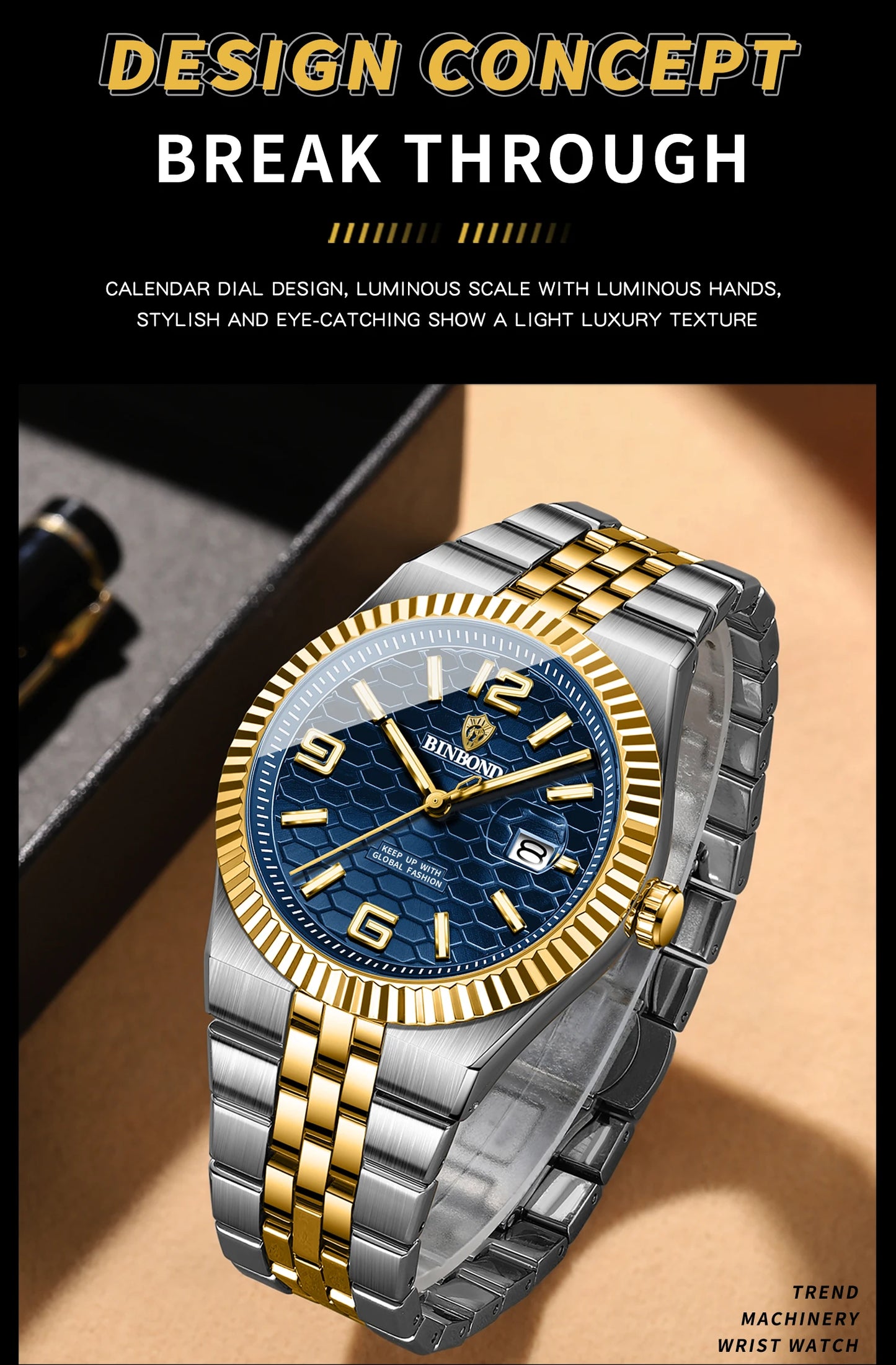 BINBOND Top Brand Luxury Men Quartz Watches Original Watch for Man Waterproof Luminous Date Week Stainless Steel Wristwatch Male