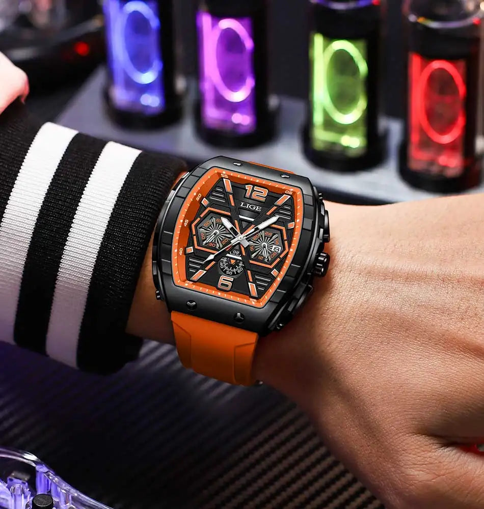 LIGE Men Watch Fashion Luxury Waterproof Quartz Wristwatch Luminous Casual Sports Silicone Strap Clock Auto Date Man Watches+Box