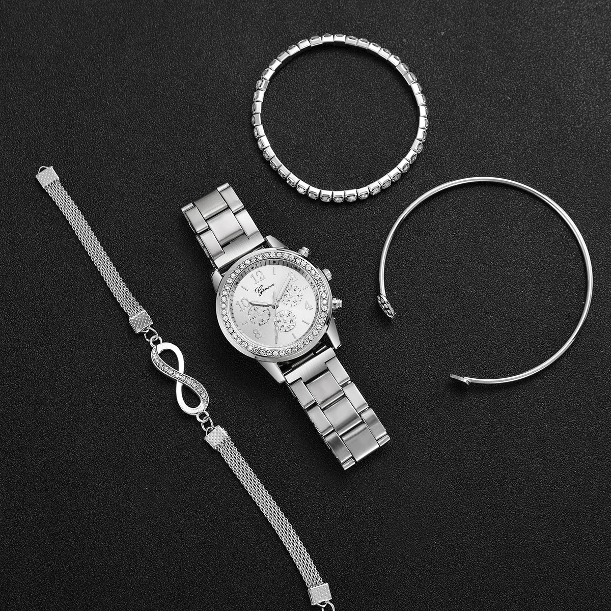 4PCS/Set Fashion Rhinestone Women Watches Luxury Steel Band Ladies Quartz Watch Bracelets Set Reloj Mujer(Without Box)