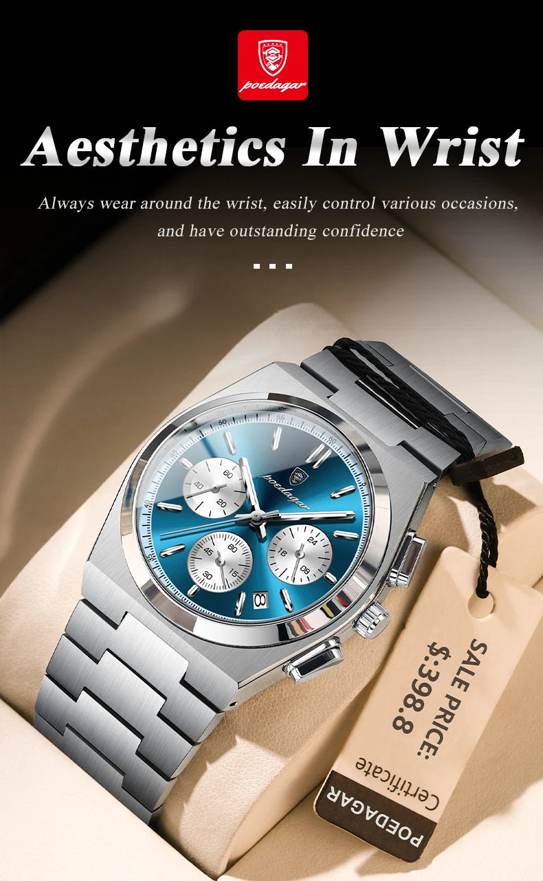 POEDAGAR Luxury Man Quartz Watch Waterproof Luminous Date Chronograph Watches For Men Stainless Steel Fashion Men's Watch Reloj