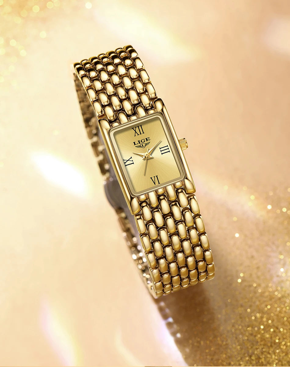 LIGE 2025 New Gold Women's Watch Luxury Quartz Watch Stainless Steel Bracelet Retro Fashion 30M Waterproof Watch for Women reloj