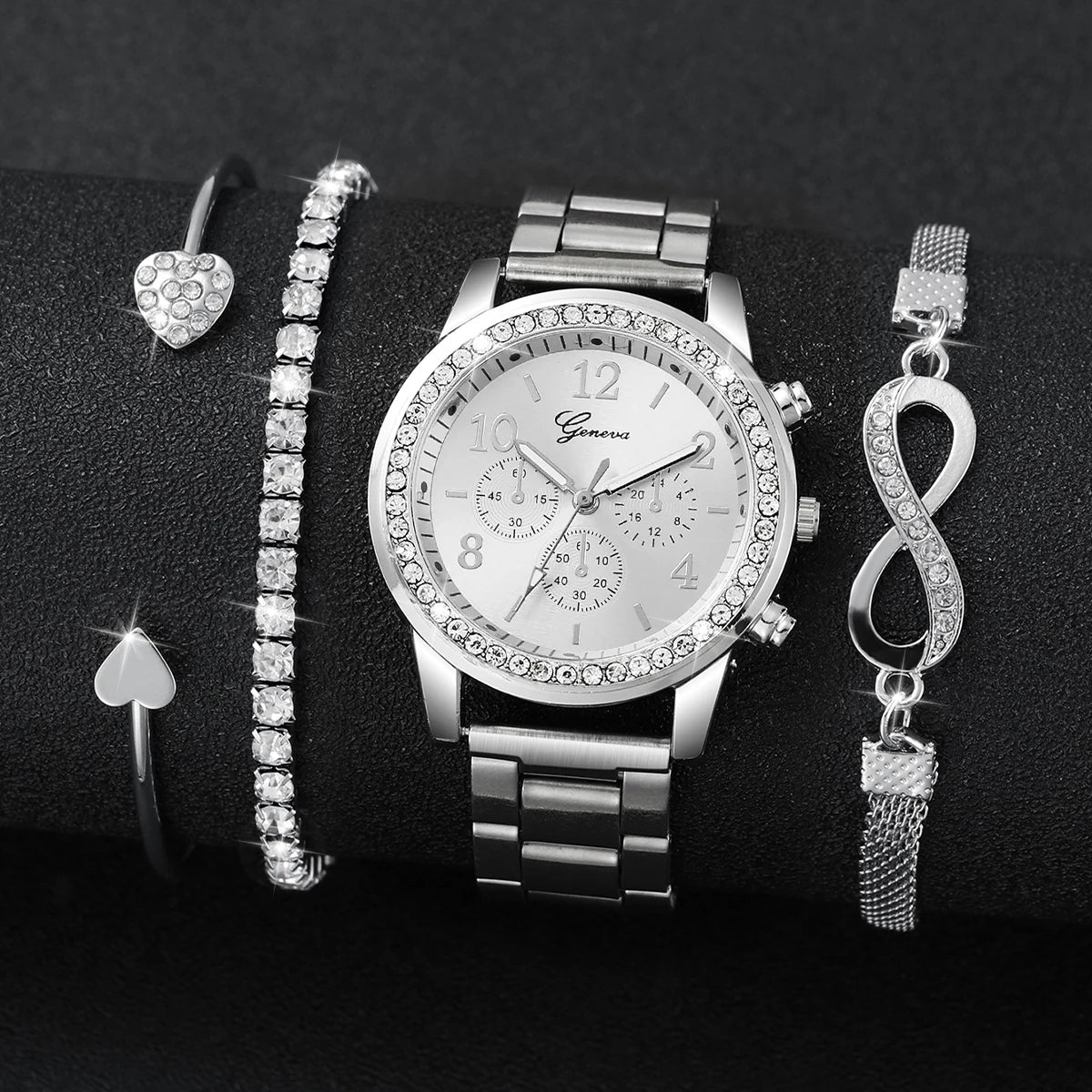 4PCS/Set Fashion Rhinestone Women Watches Luxury Steel Band Ladies Quartz Watch Bracelets Set Reloj Mujer(Without Box)