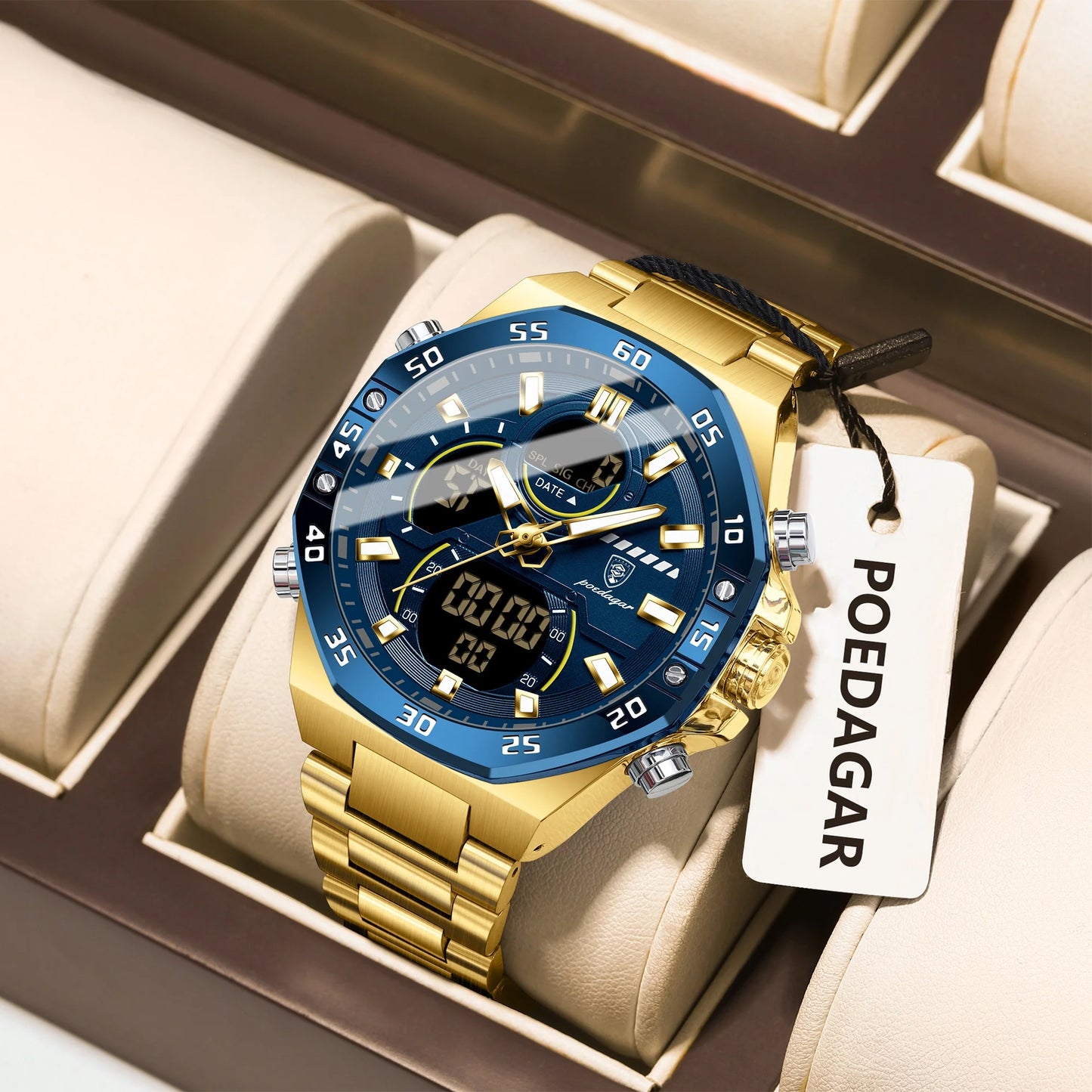 POEDAGAR Original Sports Men Wristwatch Week Date Waterproof LED Quartz Man Watch Stainless Steel Military Digital Men's Watches