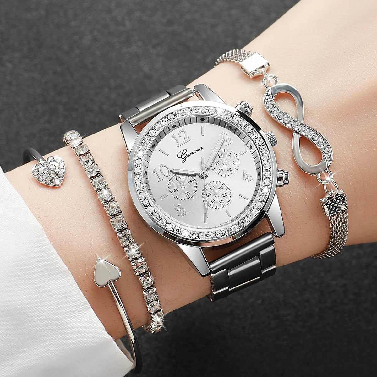 4PCS/Set Fashion Rhinestone Women Watches Luxury Steel Band Ladies Quartz Watch Bracelets Set Reloj Mujer(Without Box)
