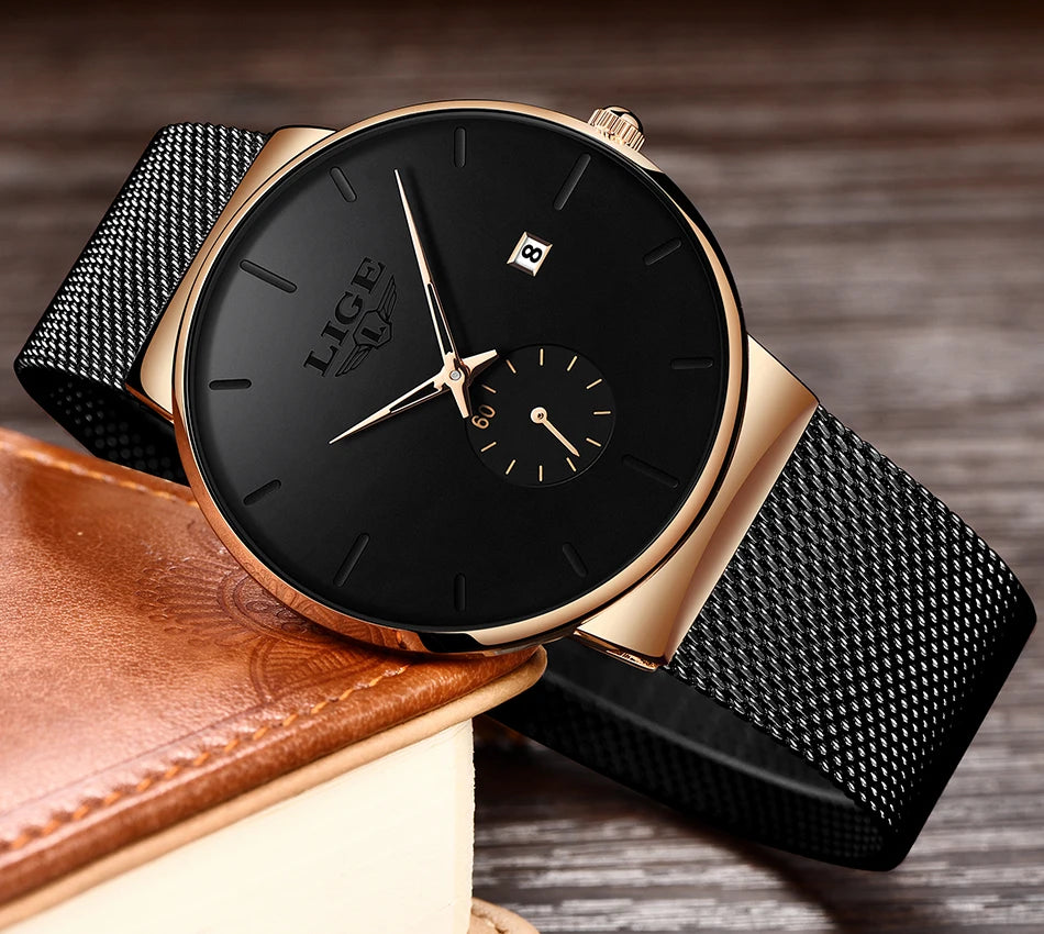 LIGE Fashion Mens Watches Top Brand Luxury Quartz Watch Men Casual Slim Mesh Steel Waterproof Sport Watch Relogio Masculino