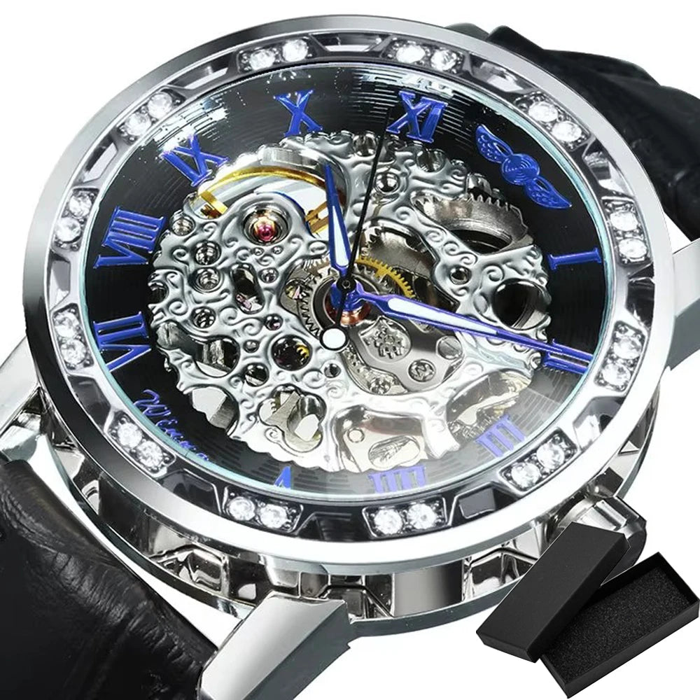 Fashion Top Brand Winner Mechanical Watch For Women Luxury Watches Diamond Skeleton Dial Leather Strap Unisex Size Wristwatches