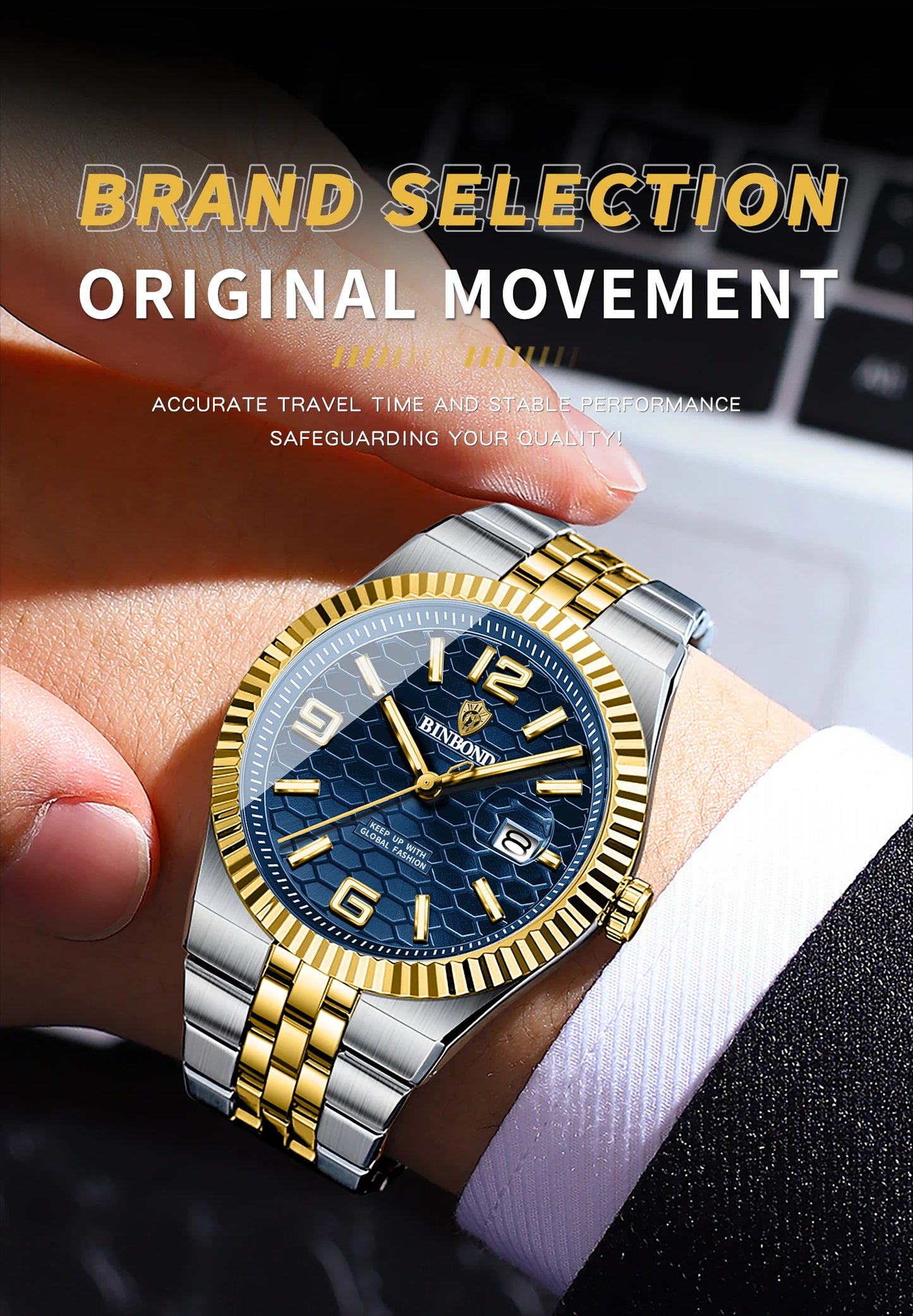 BINBOND Top Brand Luxury Men Quartz Watches Original Watch for Man Waterproof Luminous Date Week Stainless Steel Wristwatch Male
