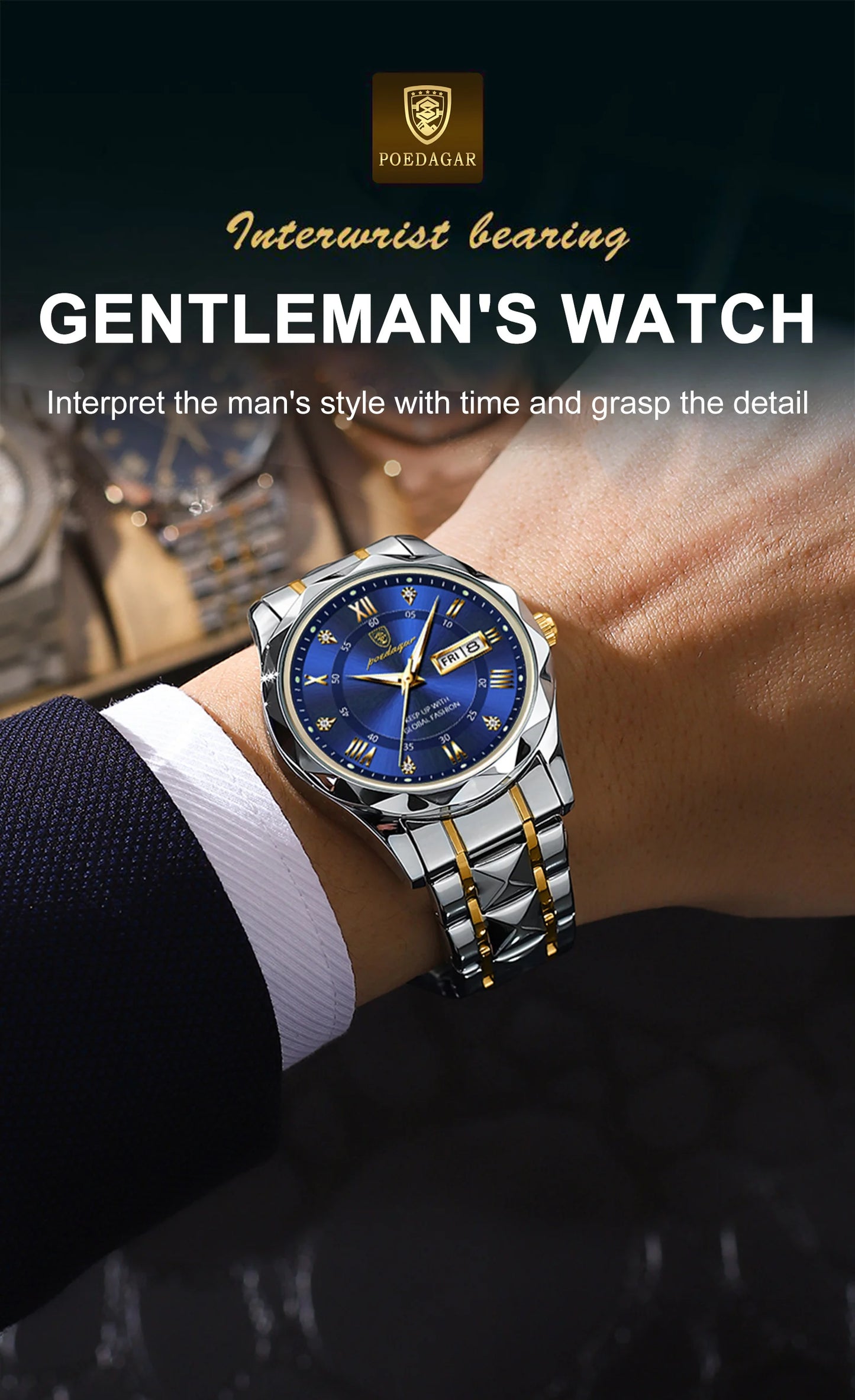 POEDAGAR Top Brand Luxury Men's Watches Waterproof Luminous Calendar Week Watch For Man Casual Stainless Steel Quartz Men Watch